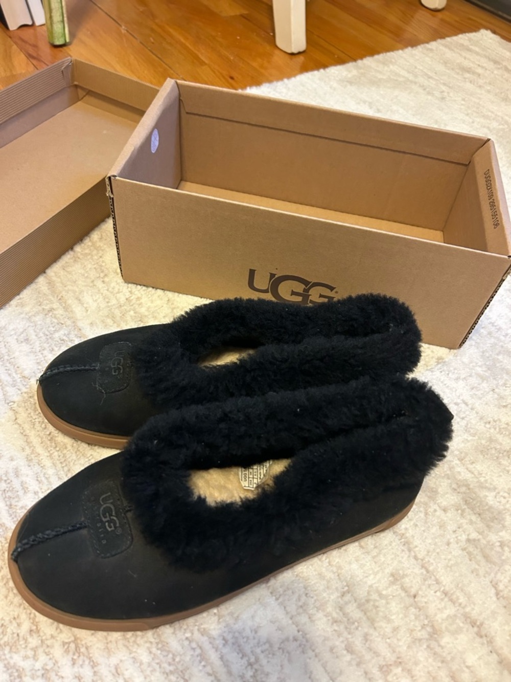 UGG Women’s Black Suede Shearling-Lined Slip-On Slippers